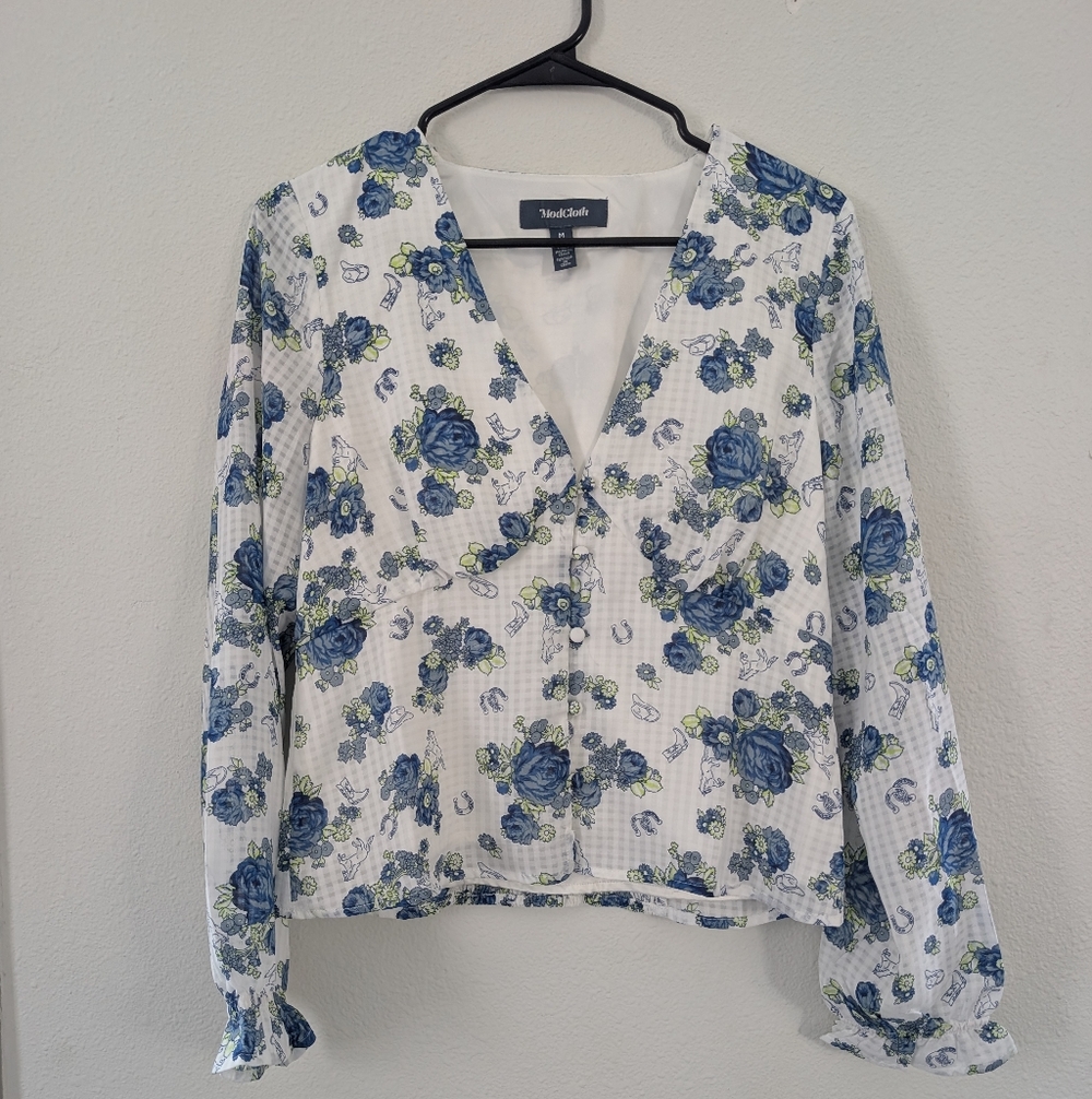 ModCloth Rodeo Rose Floral Blue and White Women's Top